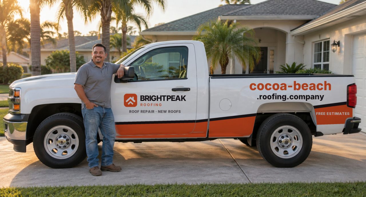 cocoa-beach.roofing.company painted on the side of a white work truck